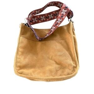 AhDorned Tan Faux Suede Shoulder Bag | Boho Crossbody | Wide Embroidered Strap